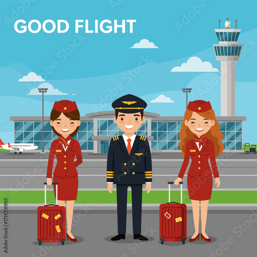 An airline crew in an airport setting, vector illustration design