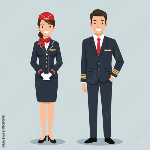 A male and female airline crew member standing side-by-side, vector illustration design
