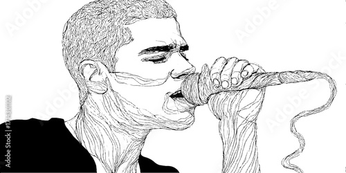 Black and white line art of a singing man – design for music inspiration and creative expression