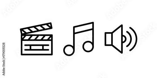 Essential Digital Media Icons Clapperboard, Musical Note, and Speaker Symbols Representing Audio Visual Content and Entertainment Production Concepts