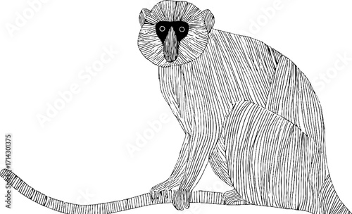 Black and white line art illustration of a monkey for design and decor