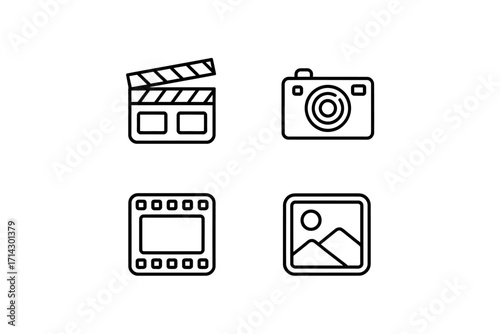 Film, Photography, and Media Icons A Clean Line Art Set