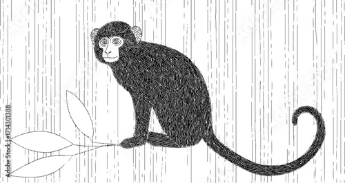Black and white linear illustration of a monkey in minimalist design suitable for art prints and posters