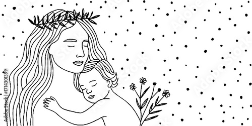Mother and child embrace in black and white line art for mother's day design