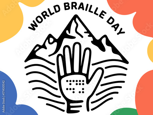Inspirational World Braille Day graphic celebrating literacy and accessibility for the blind, featuring a symbolic hand against a mountain landscape.