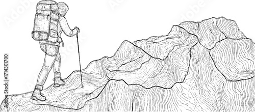 Adventurous trekker exploring mountain terrain in black and white line art