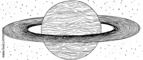 Minimalist black and white planet line art with ring for wall decor or illustration