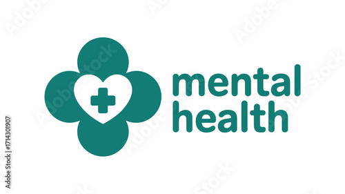 Vibrant teal green mental health awareness logo, featuring a compassionate heart and cross symbol, perfect for support and wellness initiatives and psychological well-being campaigns.