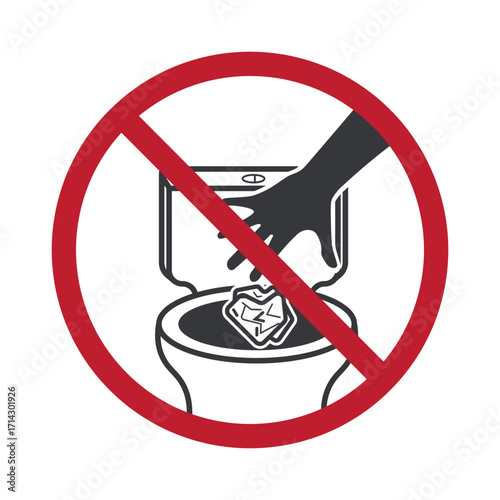 Isolated prohibition sign showing hand throwing trash or tissue into toilet bowl, used as instruction signage for public restroom hygiene.