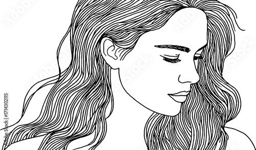 Elegant female portrait in black and white line art style