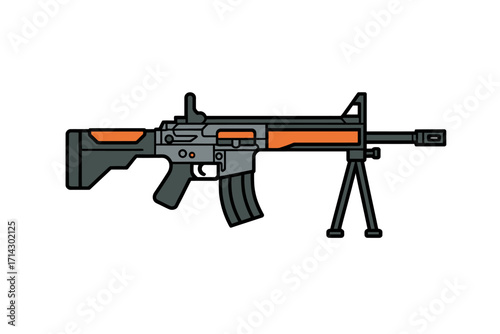 Modern Automatic Firearm Vector Illustration with Tactical Bipod and Orange Accents, Ideal for Gaming, Military, and Security Concepts
