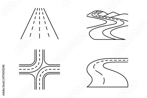 Roadway icon set collection featuring various types of roads and intersections in clean line art style for design.
