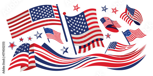 Assortment of Waving American Flags and Stars on a White Background usa flag united states flag