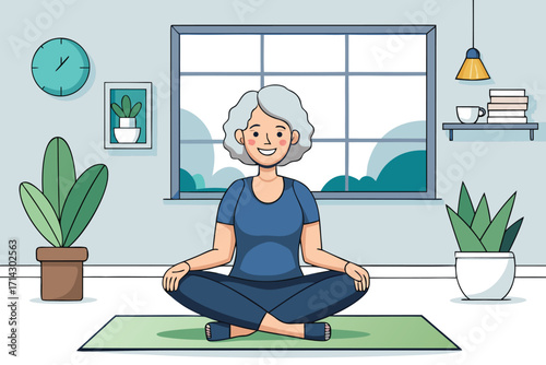 Serene senior woman meditating peacefully in lotus pose at home, embracing wellness