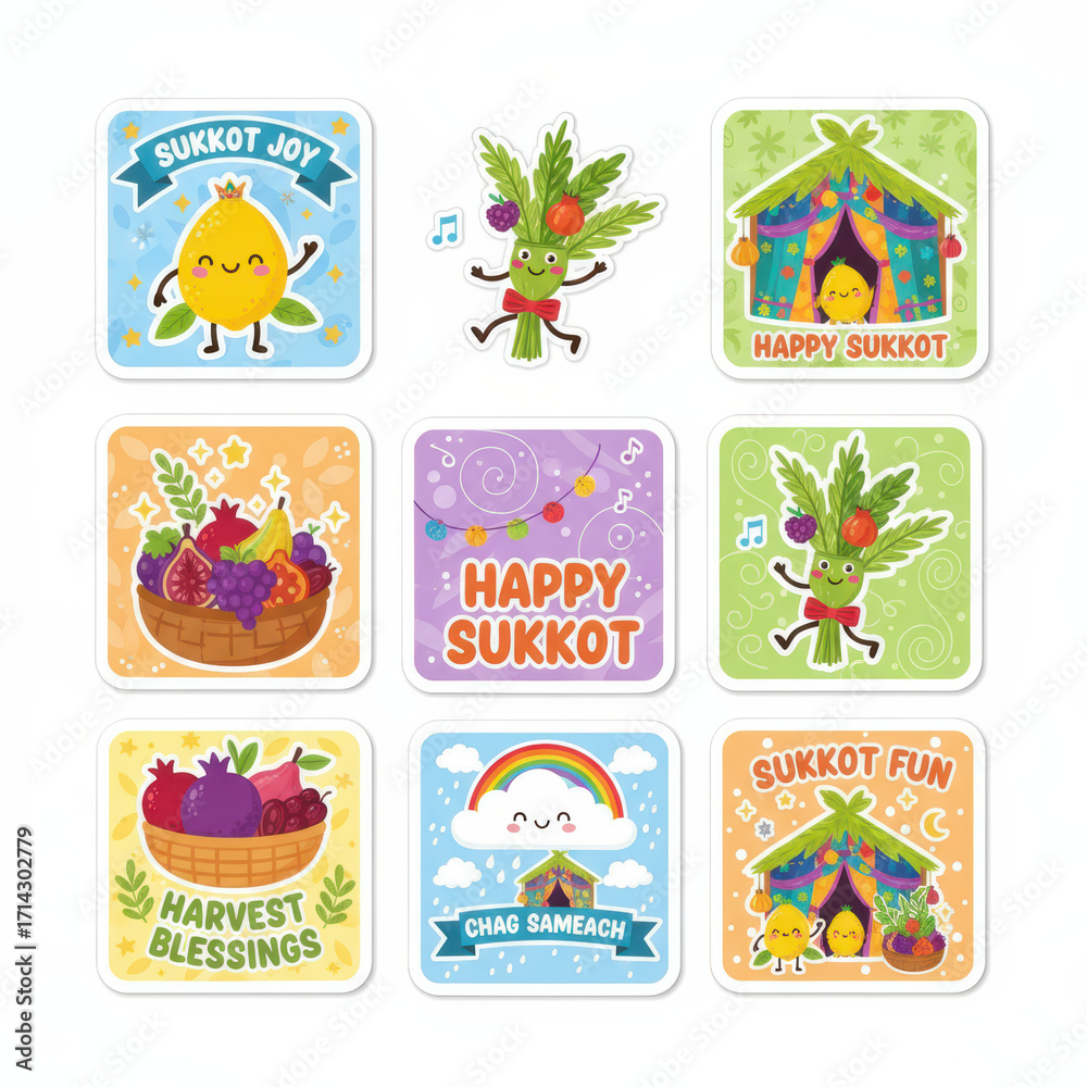 Fototapeta - Sukkot stickers collage in cute cartoon style bright colors for festival