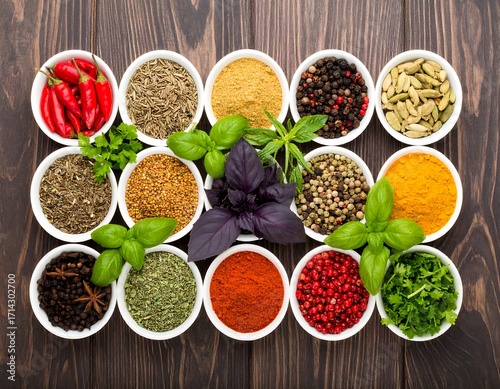 Assorted spices in small white bowls on a dark wooden surface