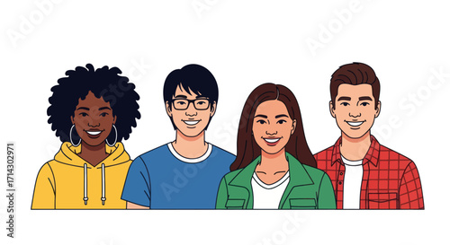 Diverse Group of Smiling Young Adults in Casual Attire.