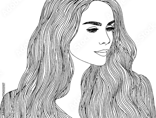Elegant black and white line art illustration of a woman with flowing hair for art and decor