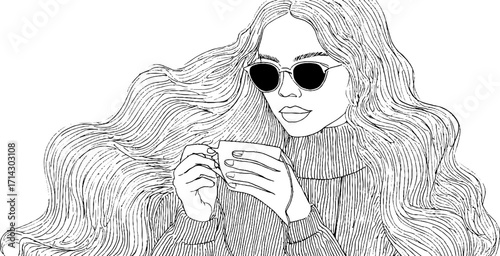 Relaxed woman with long hair and sunglasses enjoying coffee in black and white line art