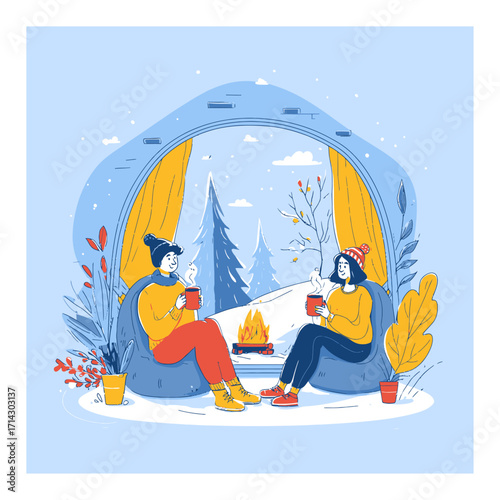 Cozy Cartoon Scene of Two Friends Enjoying Warm Drinks in Nature
