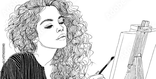 Line art portrait of woman painting on canvas for artistic decor and design inspiration