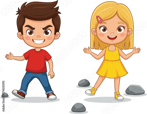 Cartoon children illustration, happy boy and girl, smiling kids standing together, colorful educational design, cheerful childhood concept, playful character artwork