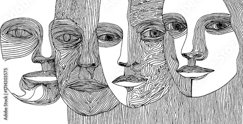 Abstract black and white line art of faces with intricate patterns for modern decor