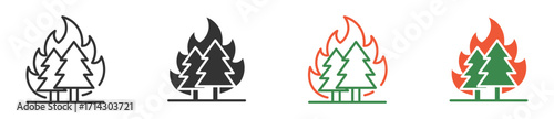 Wildfire icon set, Burning forest icons,  Forest Fire with Burning Pine Trees, for Environmental Crisis Concept vector illustration . 