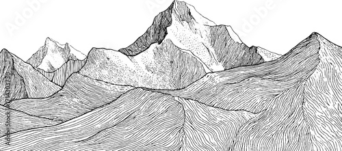 Abstract black and white mountain line art illustration for wall decor and design
