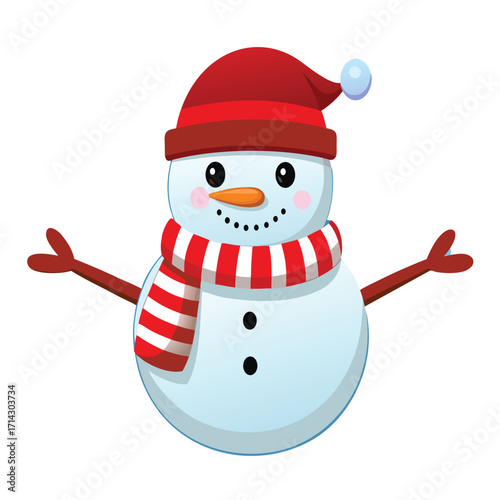 Cartoon snowman wearing a red Santa hat and striped scarf. These vector pictograms of a winter, Christmas, holiday, festive, cartoon, drawing, cute, friendly, happy, smiling, illustration. 