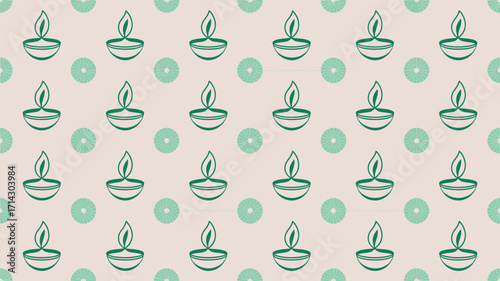 A pattern of green oil lamps and dots on a light background creating a festive and cultural design