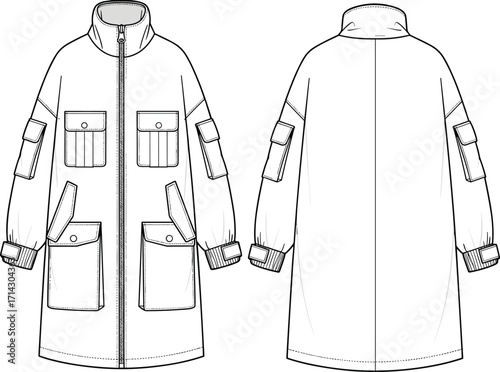 Long utility jacket flat sketch with multiple pockets, zipper front, technical fashion illustration, cad drawing vector fashion template for design
