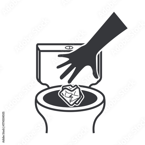 Isolated illustration showing hand throwing trash or tissue into toilet bowl, used as instruction signage for public restroom hygiene.