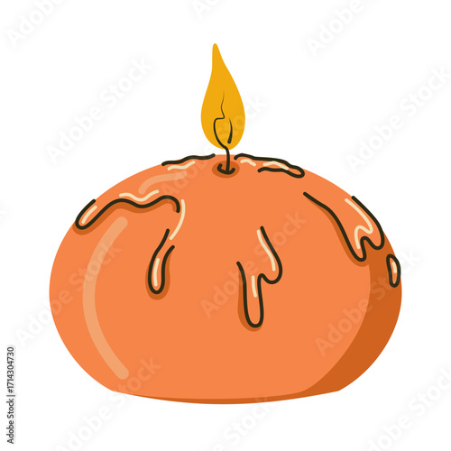 Round orange boho style candle with melting wax flame
