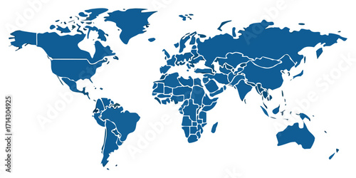 Dark Blue World Map With Country Borders. These vector pictograms of a globe, earth, continents, countries, borders, political map, geography, international, global, cartography, illustration. 