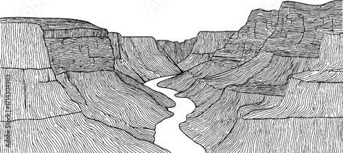 Intricate black and white abstract line art of canyon landscape for creative design