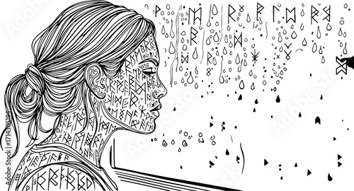 A woman gazes through a rainstreaked window, her skin adorned with ancient runes, reflecting on the mysteries of fate and the passage of time