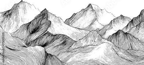Abstract black and white line art of mountainous landscape