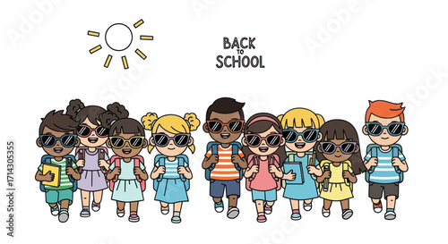 Group of Cartoon Children Wearing Sunglasses and Backpacks.