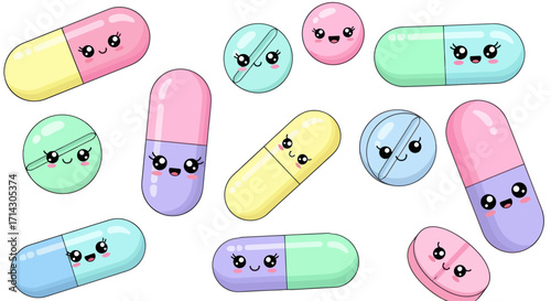 Cute Cartoon Pills and Capsules with Kawaii Faces Colorful Medical Illustration.