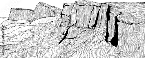 Abstract black and white line art of cliffs and landscape for design and decor