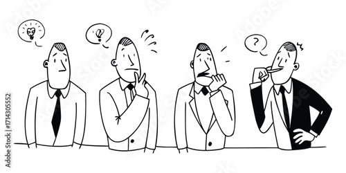 Four Businessmen Illustrating Confusion and Ideas. Thought Bubbles. businessman, business, people, confusion, thinking, idea, lightbulb, question mark. 