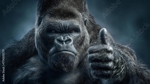 Gorilla showing strong thumbs up with focused muscles and moody background