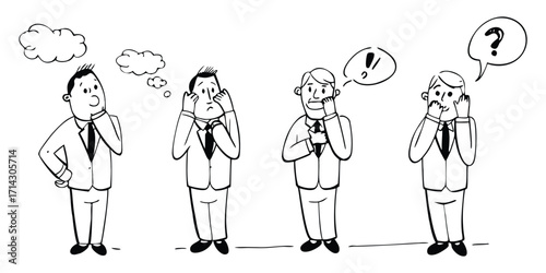 Four businessmen in a line with various thinking and questioning, expressions, businessmen, strategy, planning, business illustration. 