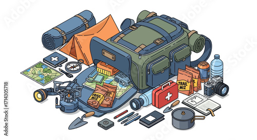 Isometric Illustration of Camping Backpack and Gear.