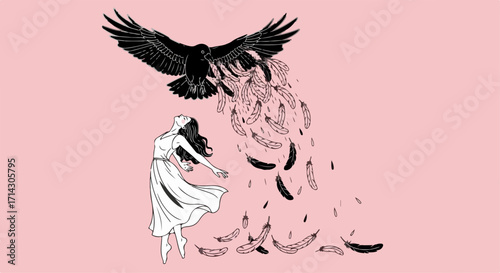 A woman in a white dress reaches up to a large black raven shedding feathers against a light pink background in a symbolic illustration