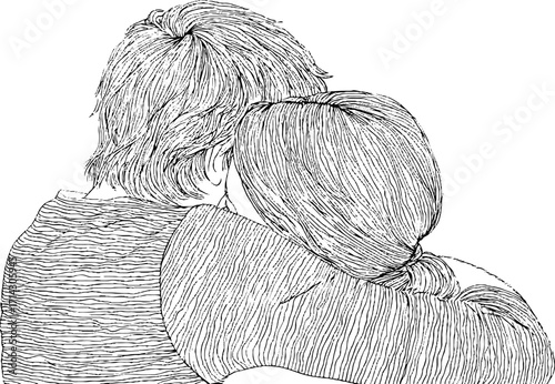 Black and white line art illustration of embrace - romantic outline design for cards and posters