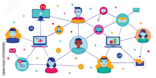 Global Digital Network Connecting People and Devices. These vector pictograms of a people, technology, digital, communication, online, internet, social media, collaboration, teamwork, illustration 
