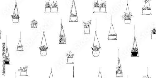Minimalist black and white line art of a balcony with hanging potted plants in a modern decorative style.
