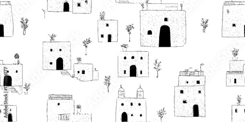 Minimalist black and white line art of urban balconies and architecture for decor and design